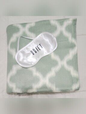 Sage Green Ikat Polar Fleece Blanket & "QUIET" Satin Sleep Mask Travel Gift